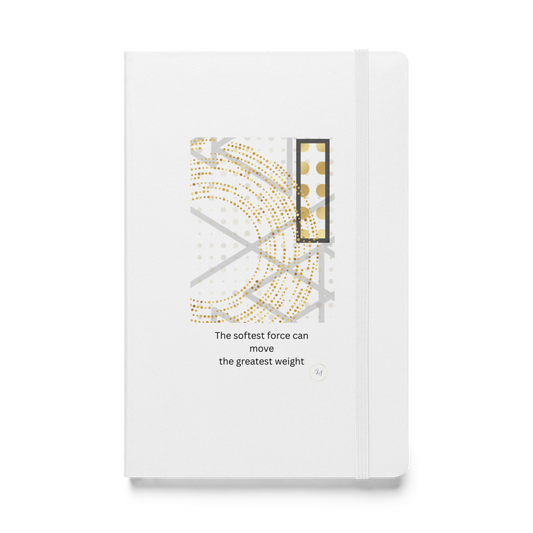White hardcover notebook with abstract geometric line art, subtle gold details and minimalist typography.