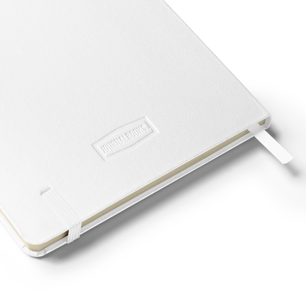 Back cover detail of a white hardcover notebook with elastic closure and ribbon bookmark