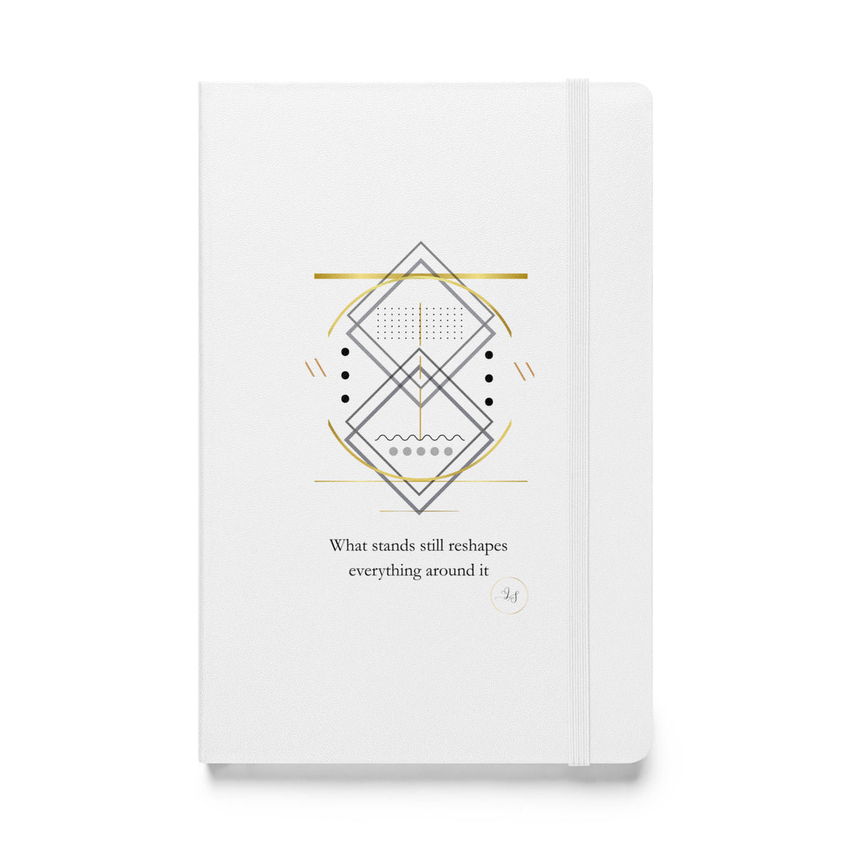 White hardcover notebook with minimalist geometric line art and small typography on the cover.