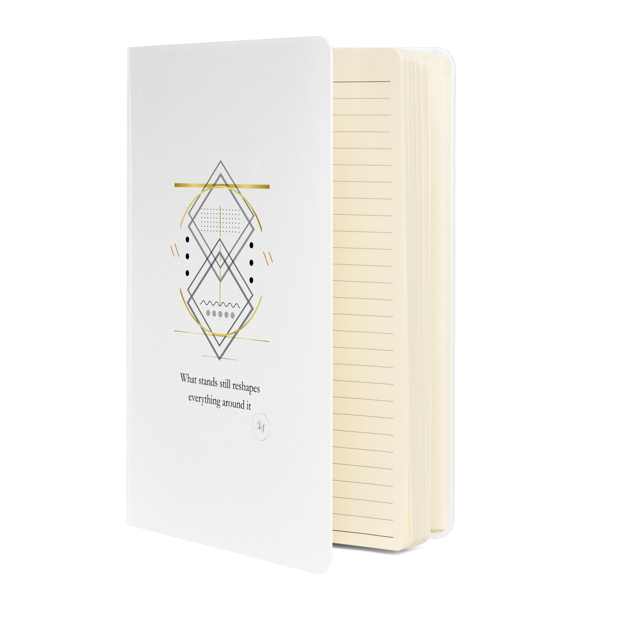 White hardcover notebook with minimalist geometric line art and typography, shown from the front.