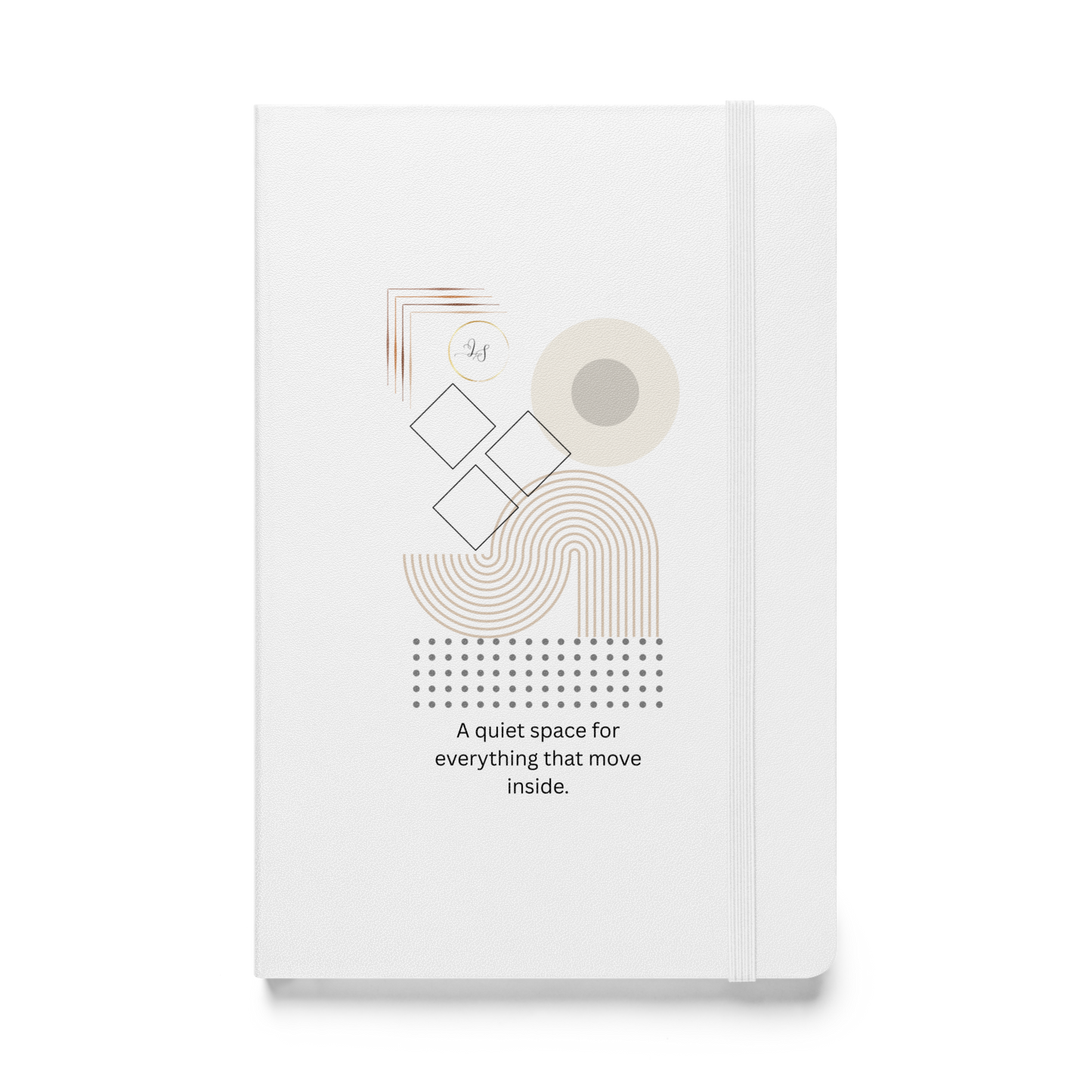 White hardcover notebook with minimalist geometric design by Lumine Studio, front view