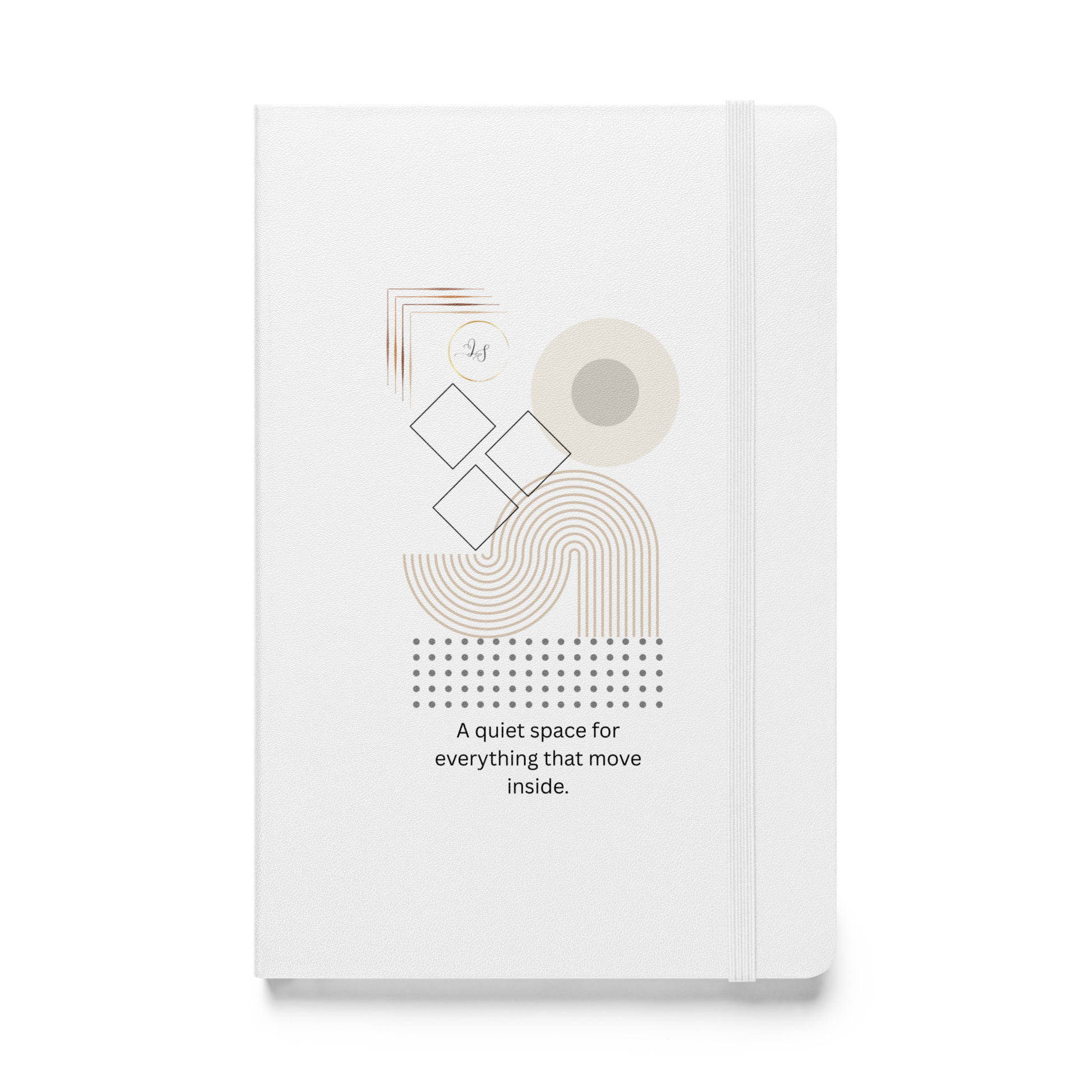 White hardcover notebook with minimalist geometric design by Lumine Studio, front view