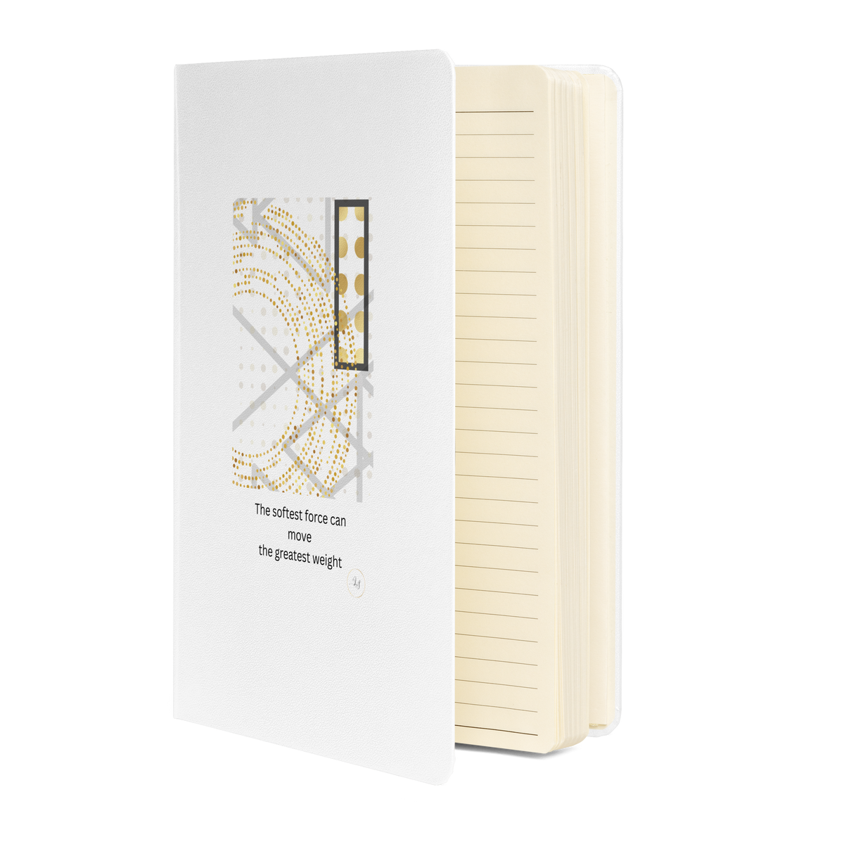 White hardcover notebook with minimalist geometric line art and subtle gold details, shown partialy open with lined pages.