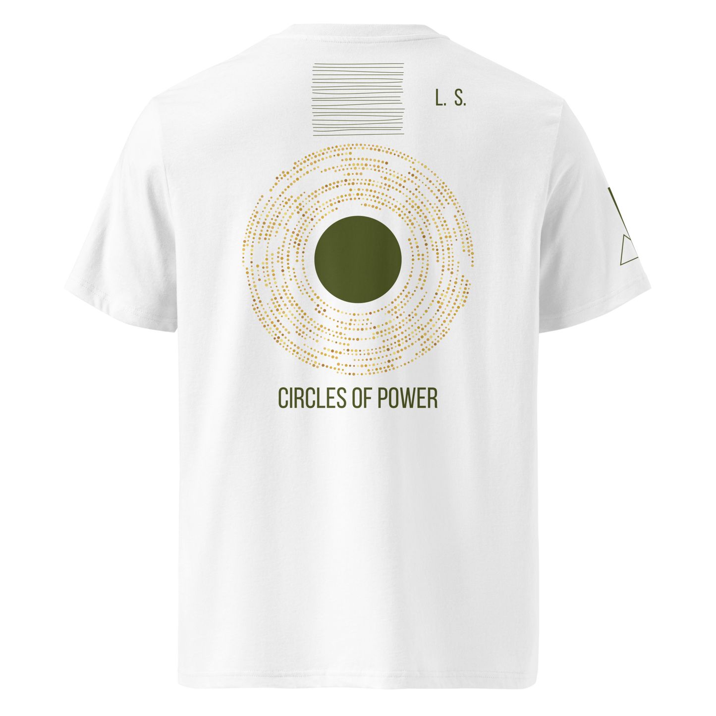 White organic cotton T-shirt withminimalist gold circular back print and sleeve detail