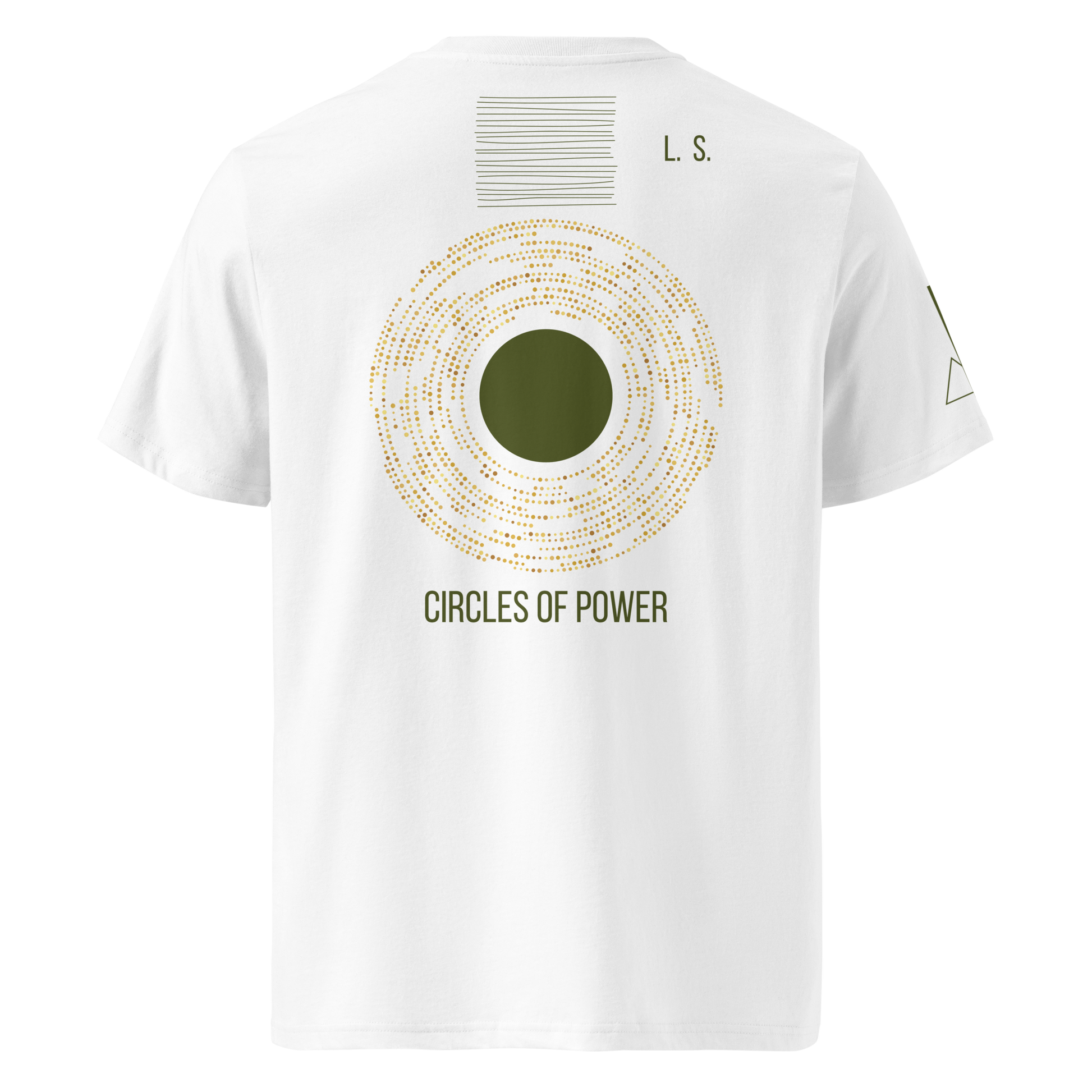 White organic cotton T-shirt withminimalist gold circular back print and sleeve detail