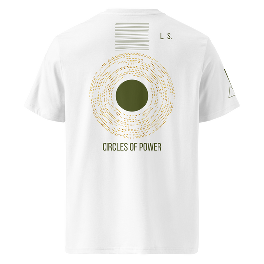 White organic cotton T-shirt withminimalist gold circular back print and sleeve detail