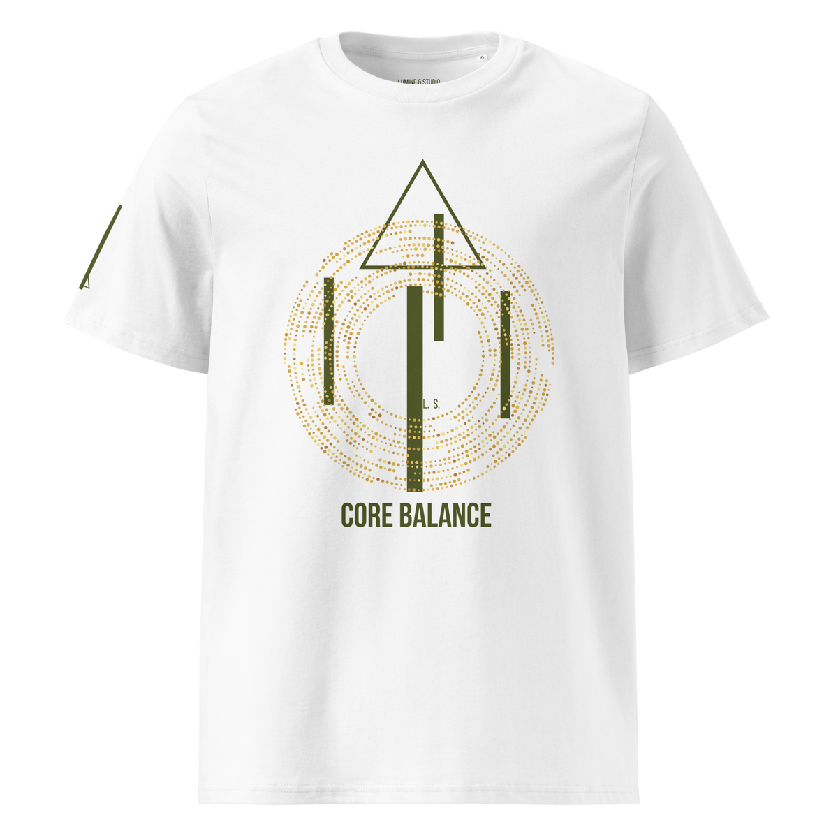 White unisex organic cottonT-shirt with a minimalist gold Core Balance geometric print