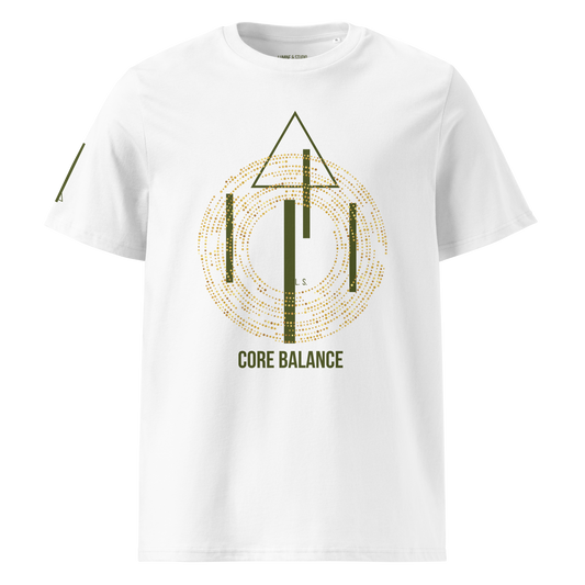 White unisex organic cottonT-shirt with a minimalist gold Core Balance geometric print