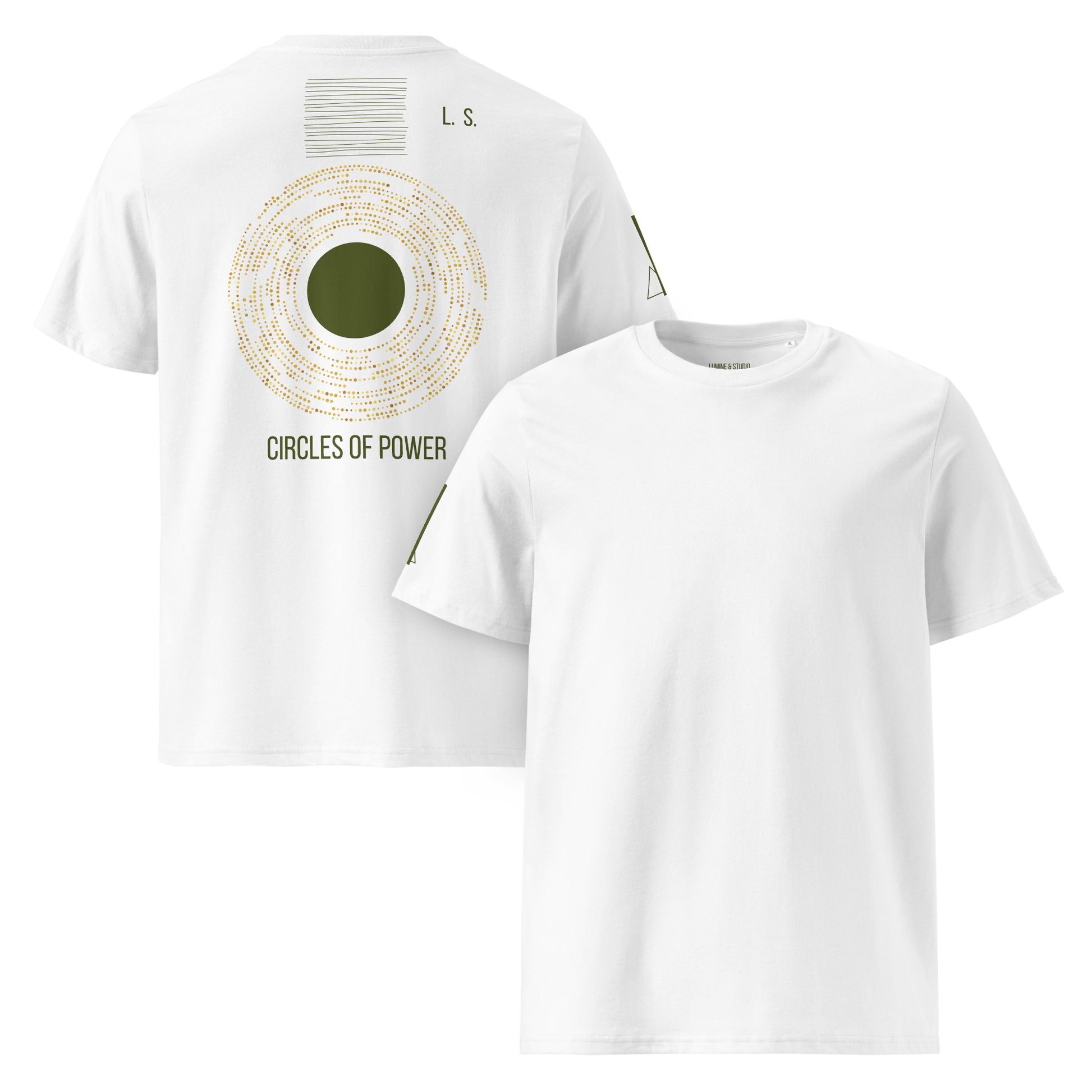 White unisex organic cotton T-shirt shown from the front and back with a gold circular back print