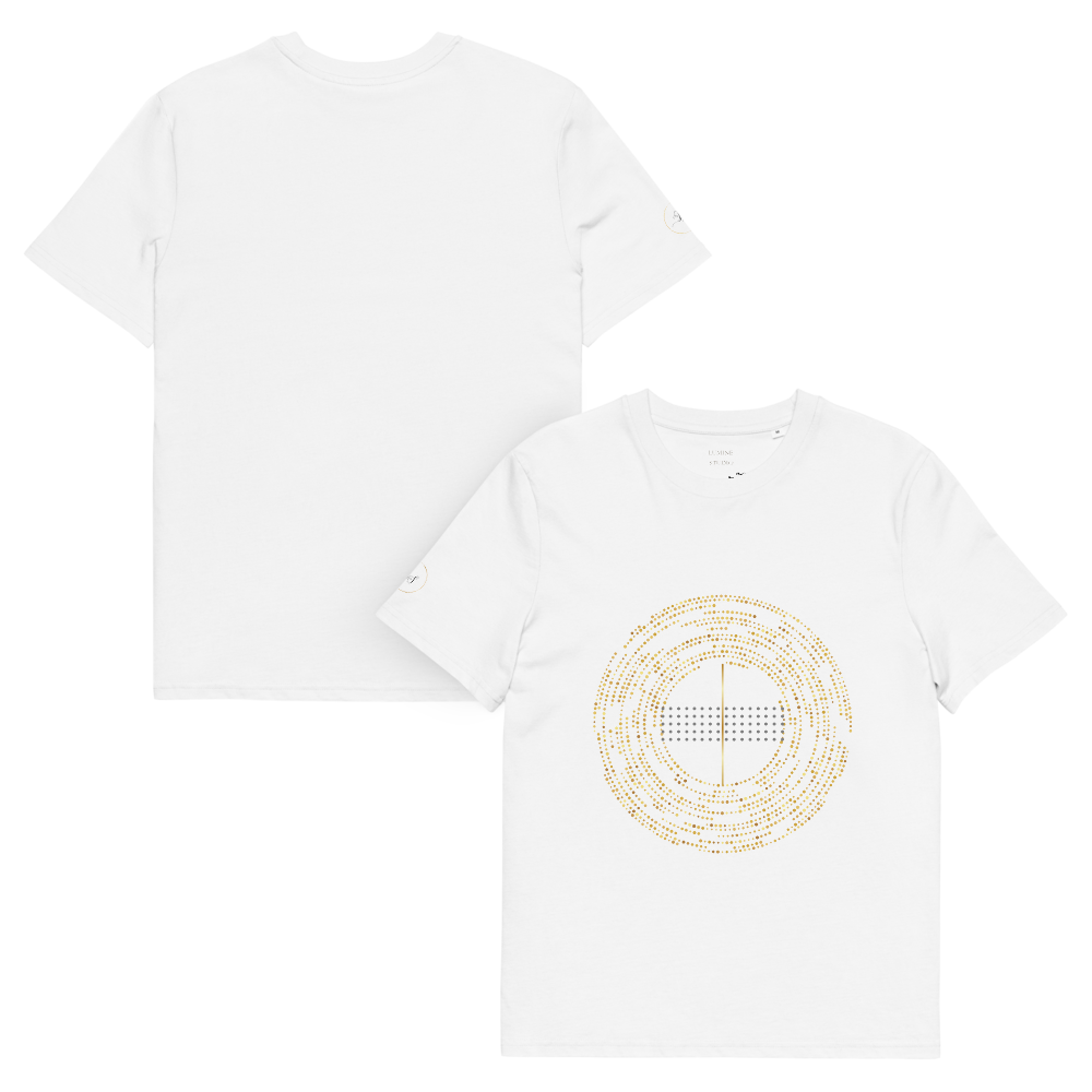 White unisex organic cotton T-shirt shoen from the front and back with a minimalist circular geometric design