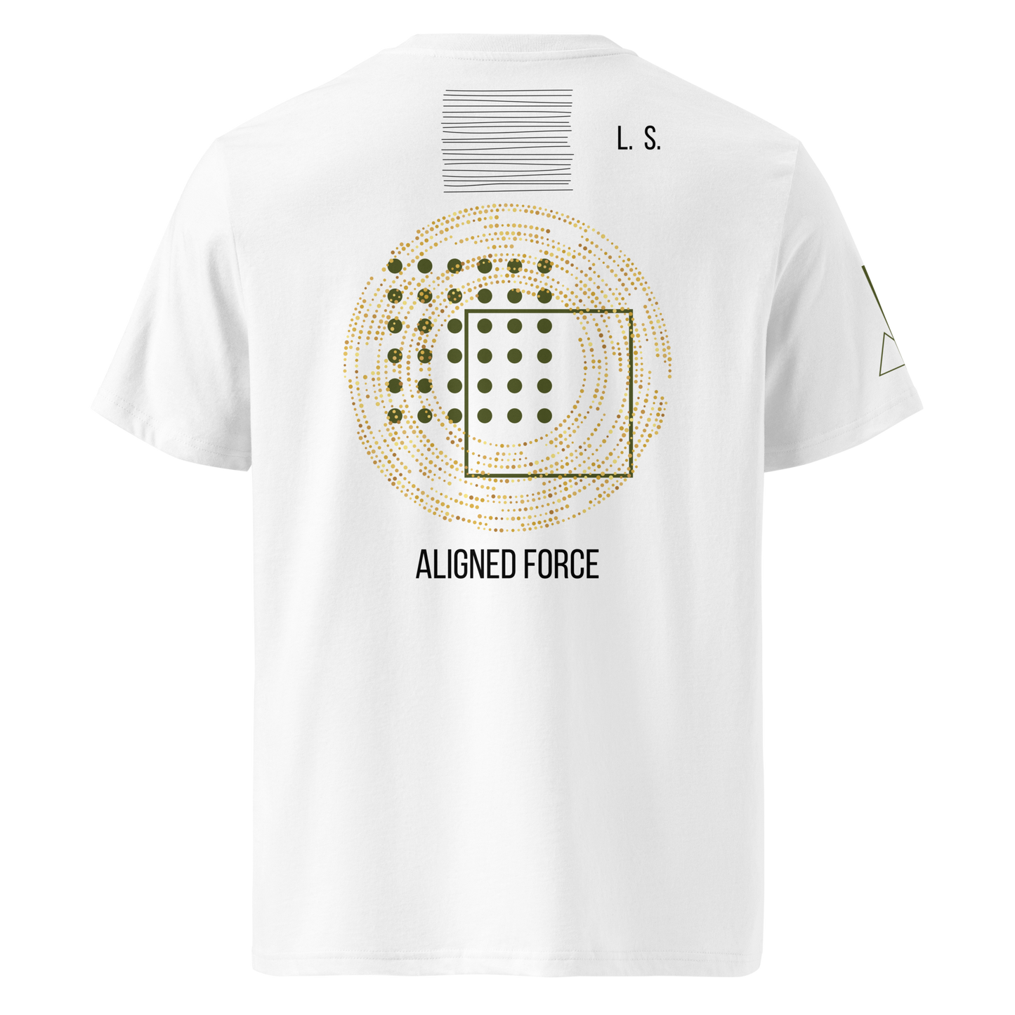 White unisex organic cotton T-shirt with black and gold geometric back print