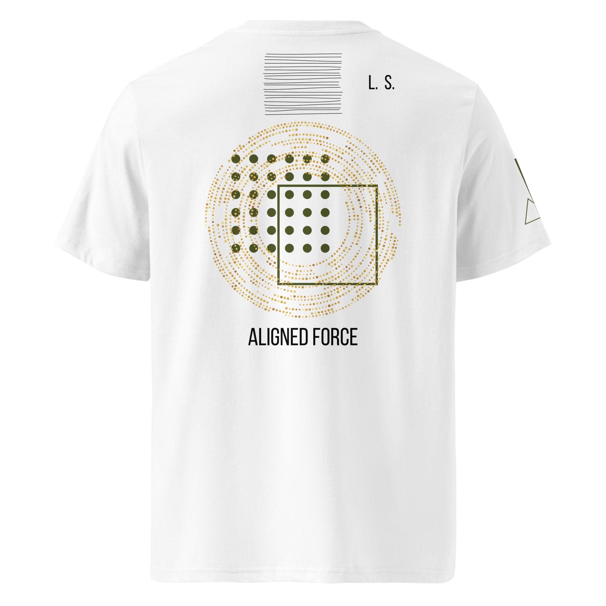 White unisex organic cotton T-shirt with black and gold geometric back print