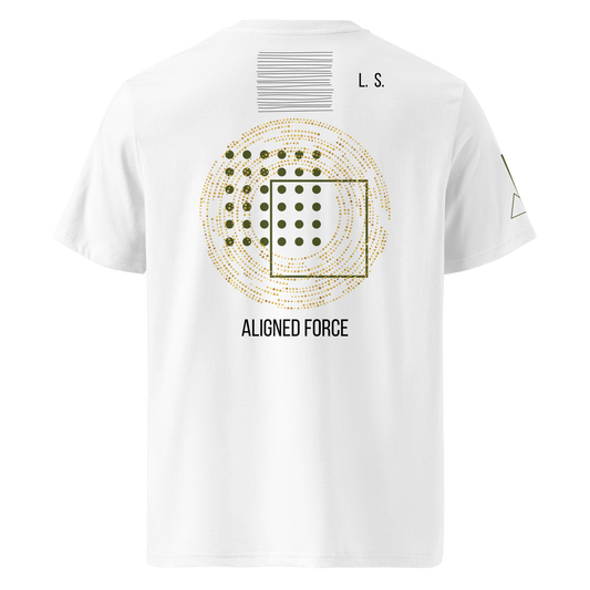 White unisex organic cotton T-shirt with black and gold geometric back print