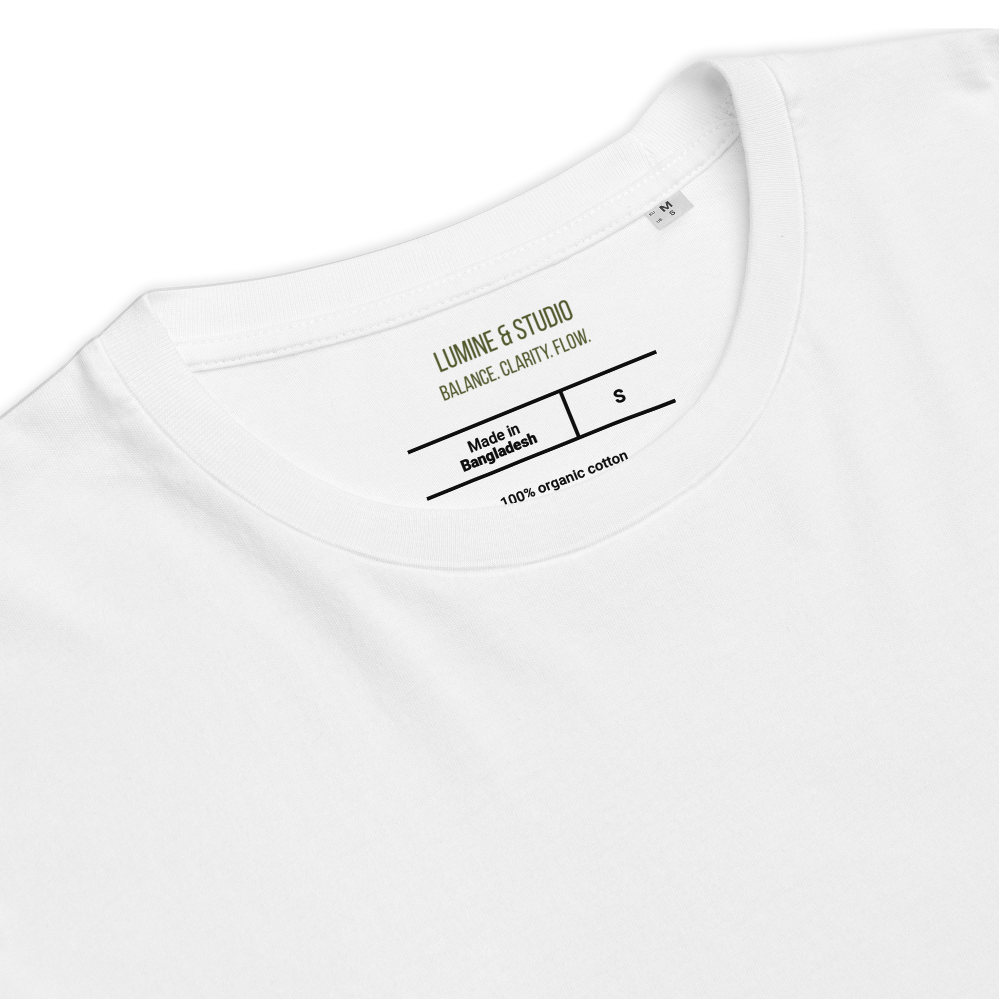 Close-up-of a white organic cotton T-shirt showing the printed inner neck label and size details