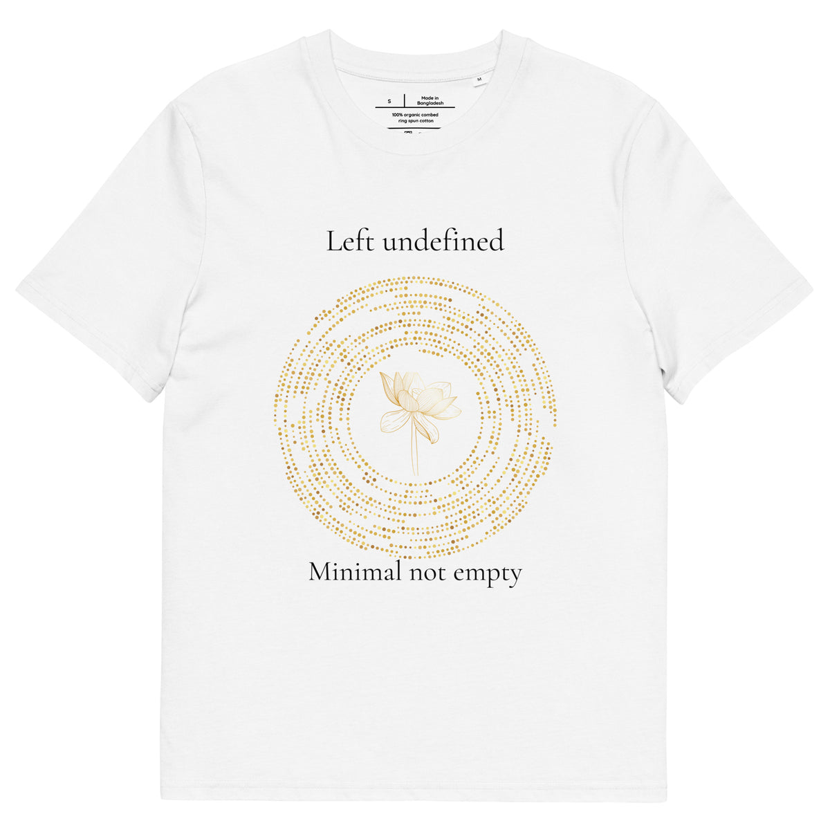 White unisex organic cotton T-shirt with a gold circular design and text on the front