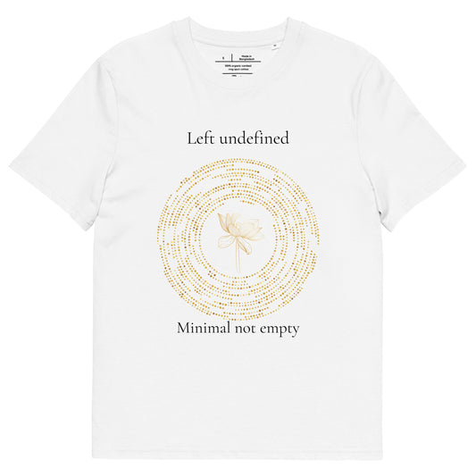White unisex organic cotton T-shirt with a gold circular design and text on the front