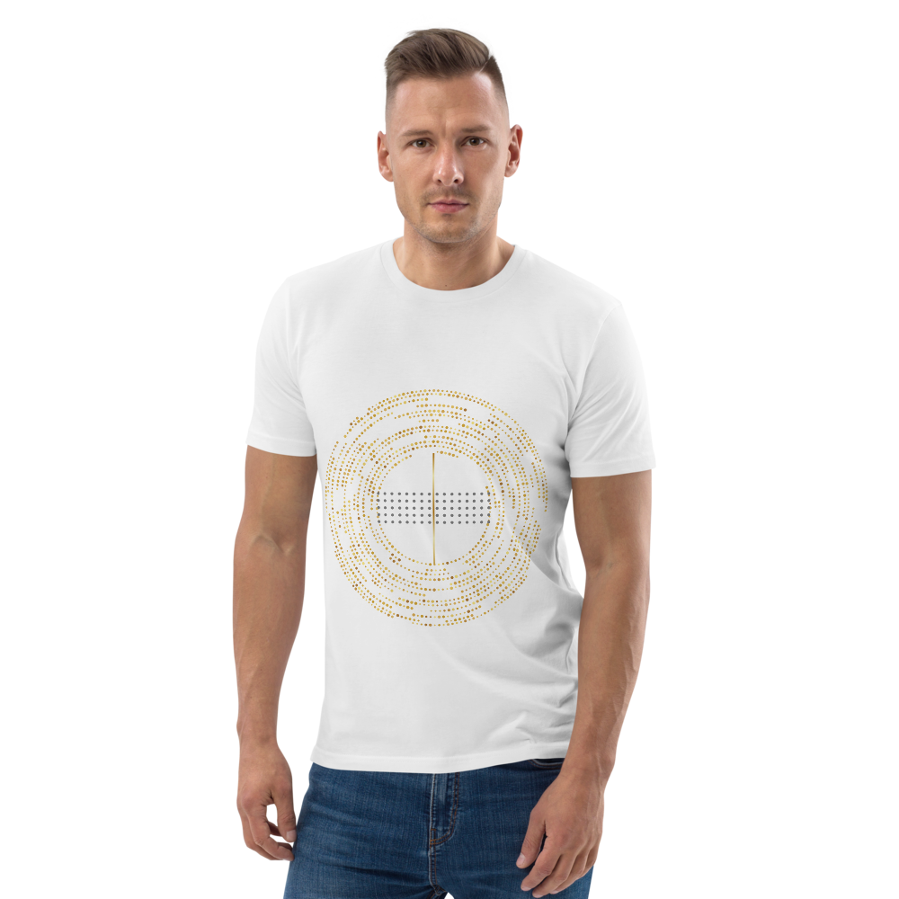 man wearing a white unisex organic cotton T-shirt with minimalist circular geometric design