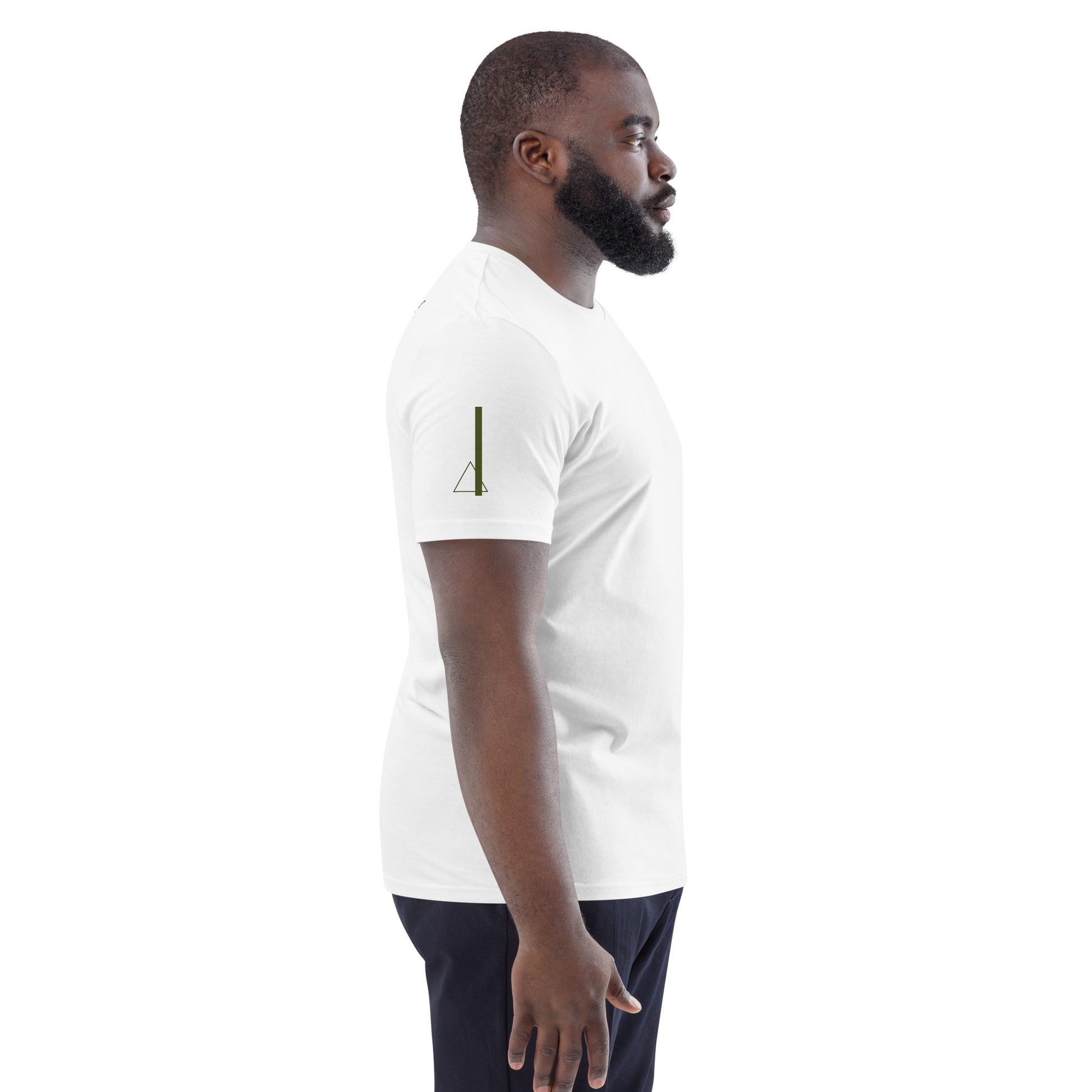 men wearing a white unisex organic cotton T-shirt shown from the right side with a small sleeve print