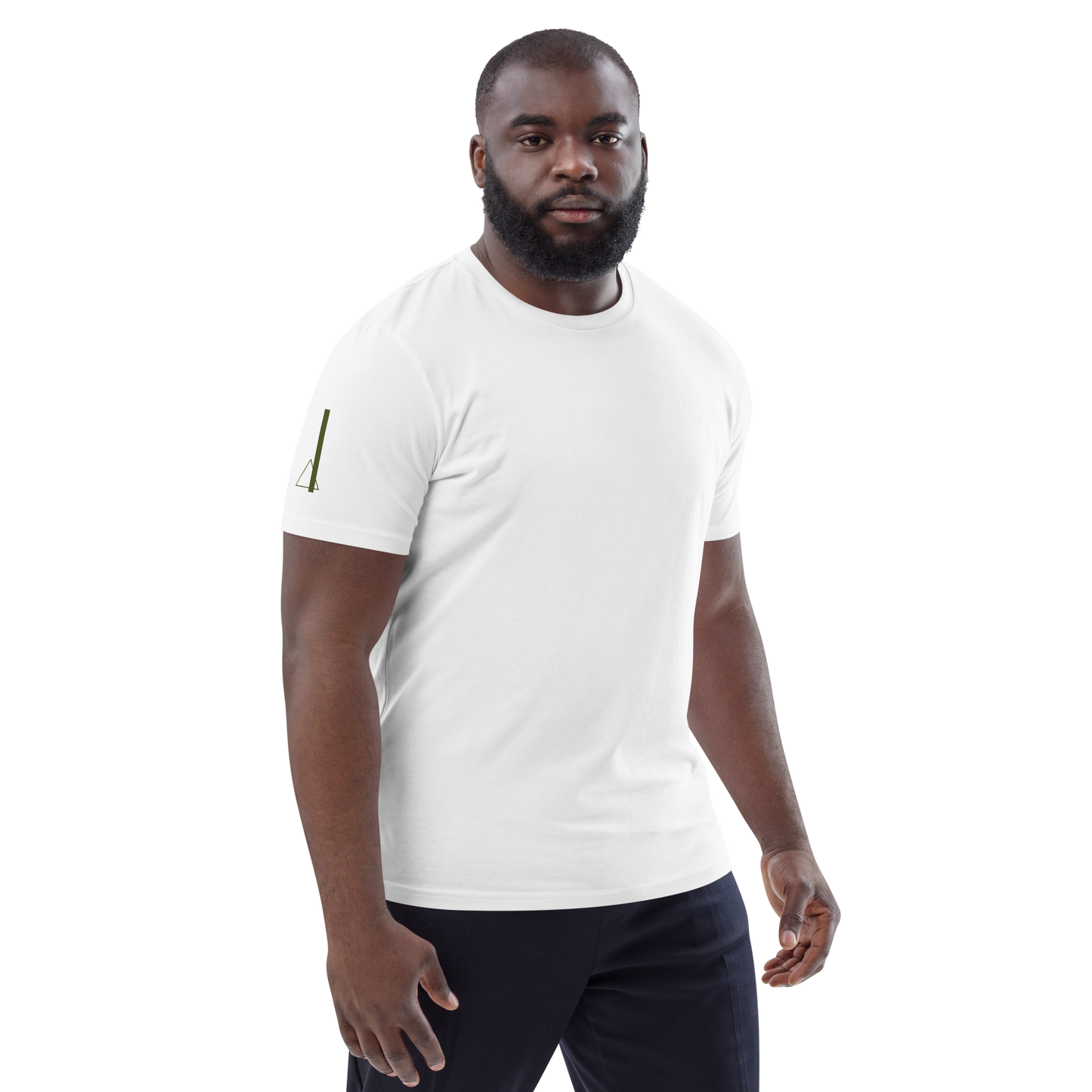 Man wearing a white unisex organic cotton T-shirt shown from the side with a small sleeve print