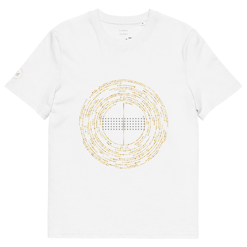 White unisex organic cotton T-shirt with minimalist circular geometric designfront view