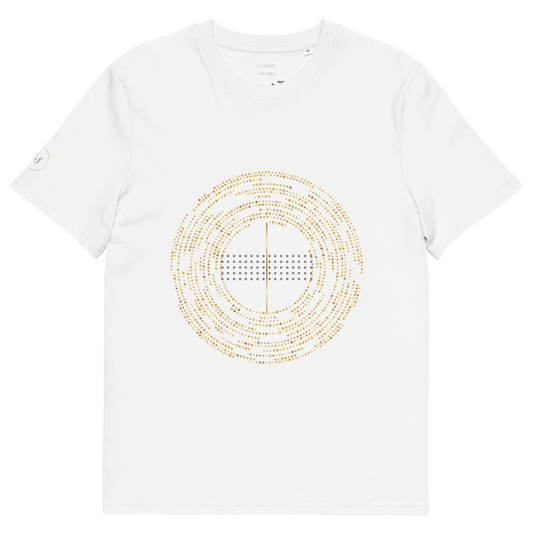 White unisex organic cotton T-shirt with minimalist circular geometric designfront view