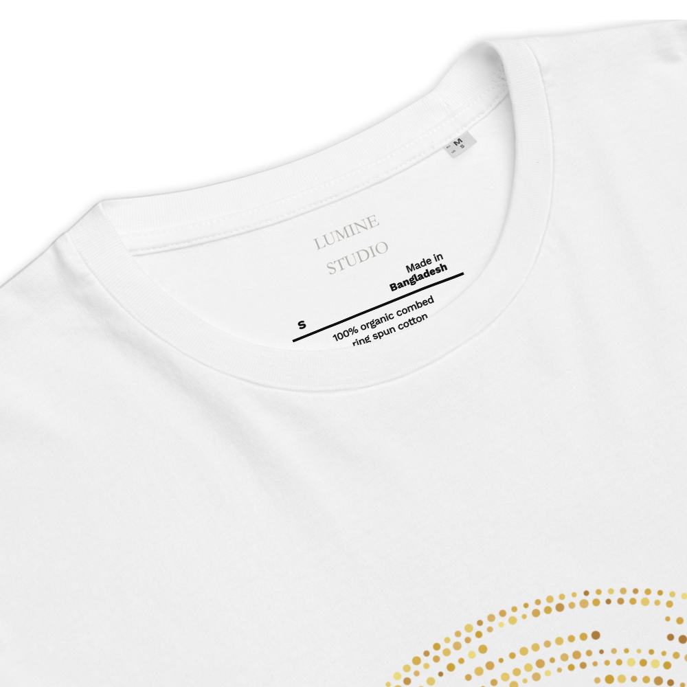 Close-up of a white organic cotton T-shirt showing the printed neck label and fabric detail