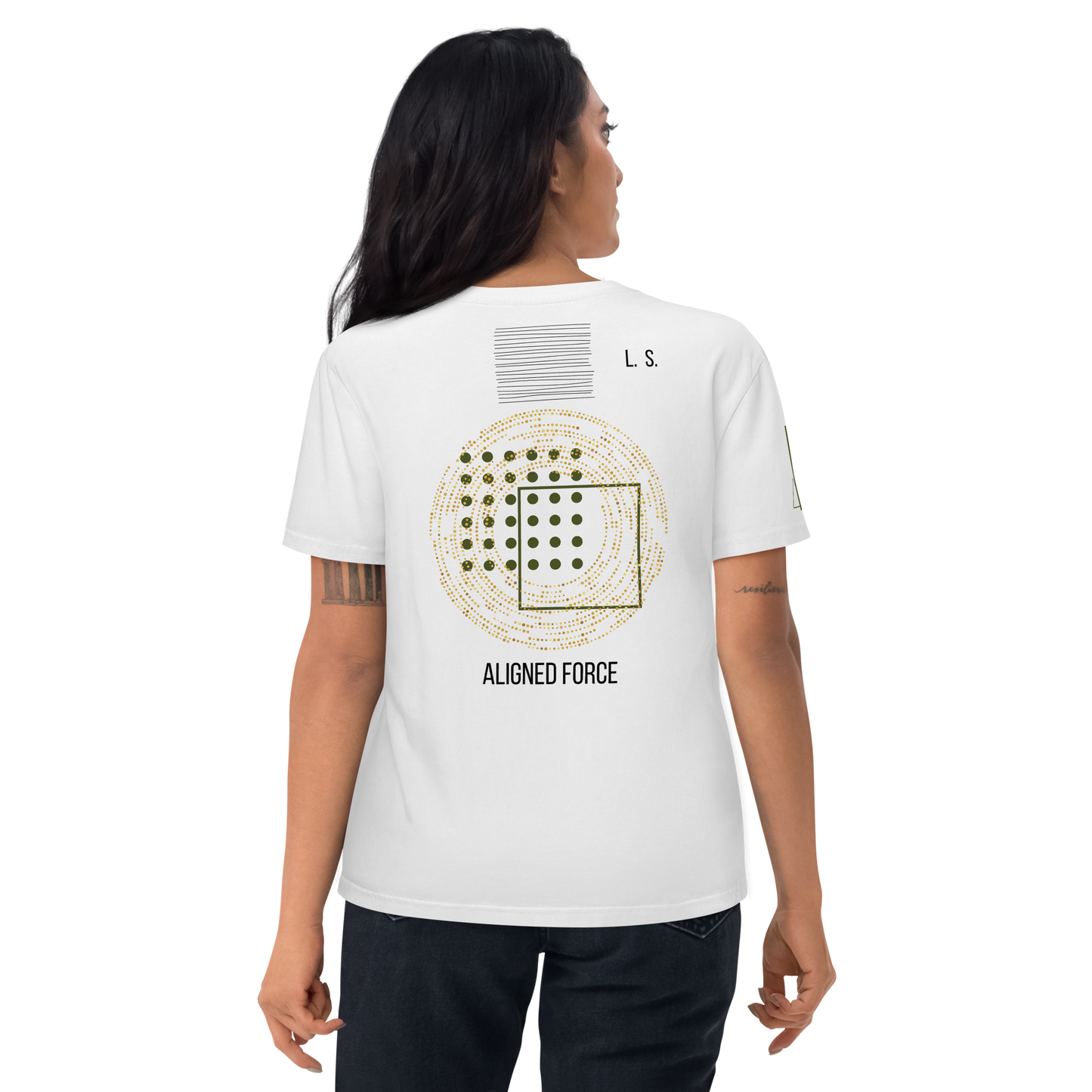 woman wearing a white unisex organic cotton T-shirt with black and gold geometric back print