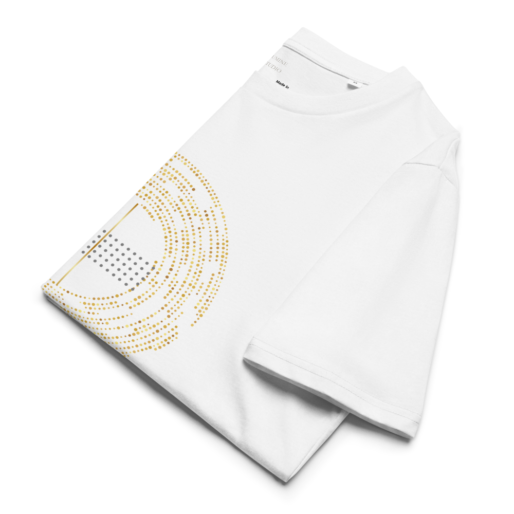 Folded white organic cotton T-shirt showing the minimalist circular geometric printand fabric detail