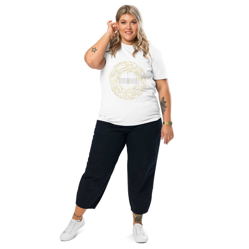Woman wearing a white inisex organic cotton T-shirt with minimalist geometric design