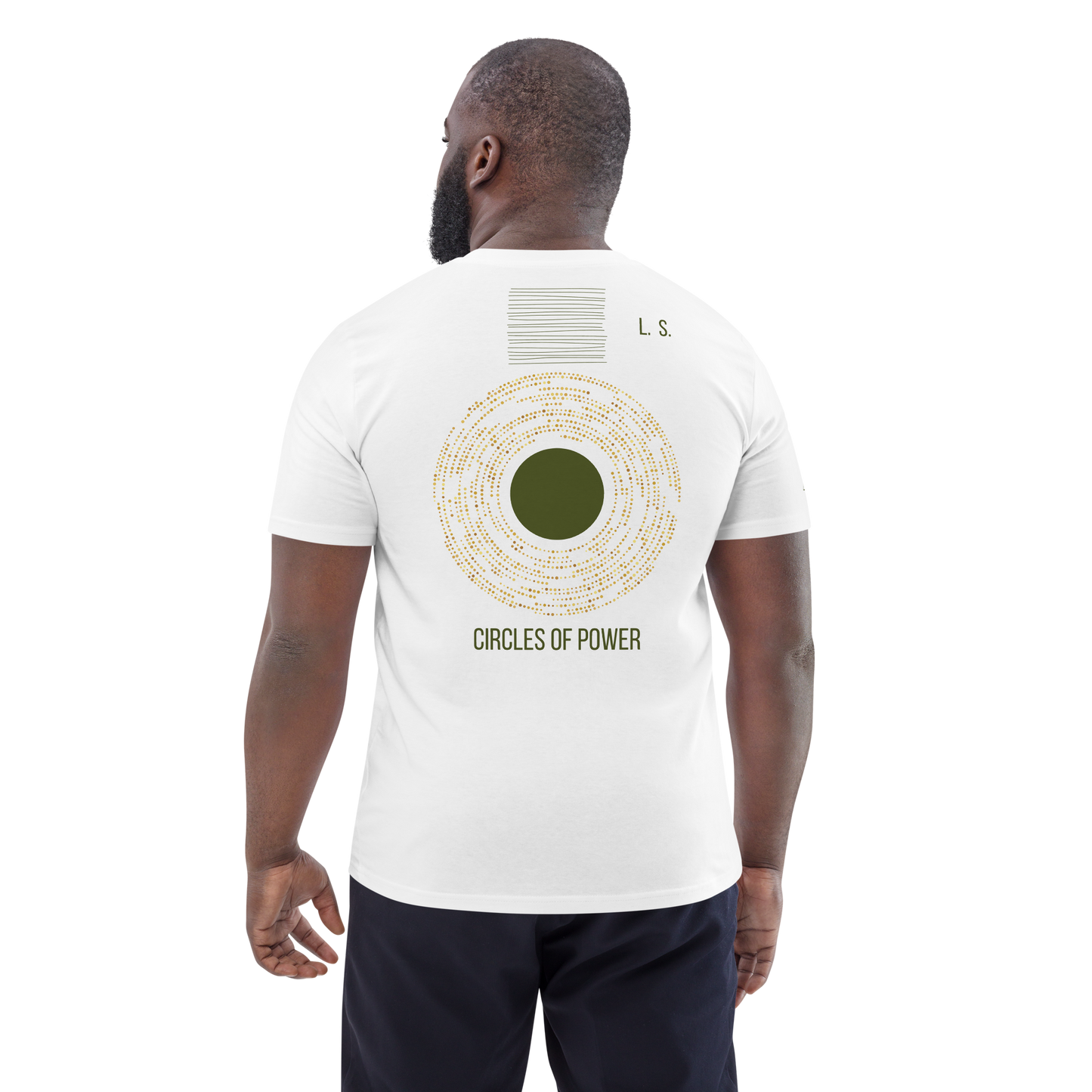 Men wearing a white unisex organic cotton T-shirt with a minimalist circular back print
