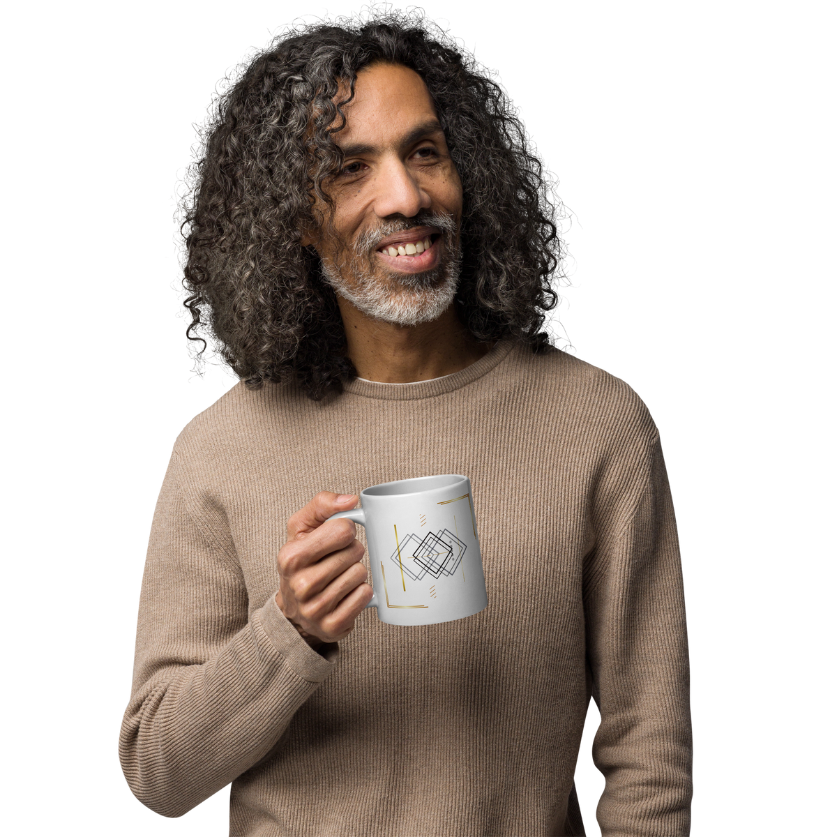 man holding a white ceramic mug with minimalist geometric line art and gold accents.